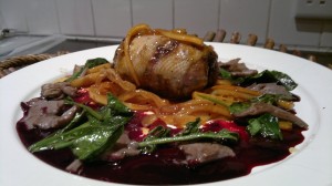 Roast teal with wood blewits, caramelized reedmace, elderberry sauce, sea beet and scurvy grass