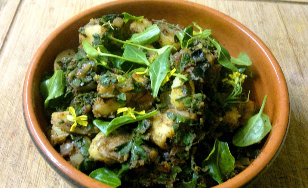 saag aloo made with sea beet, scurvy grass, coriander grass and gorse buds