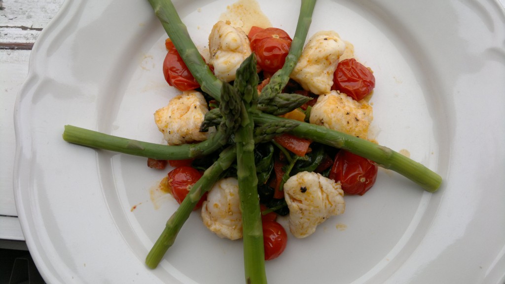 June 10th: Monkfish roasted in chorizo oil, ayrshire asparagus, wilted frosted orache + roasted cherry tomatos.