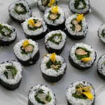 wild sushi with smoked mussels, smoked pollack, garlic mustard, gorse flower