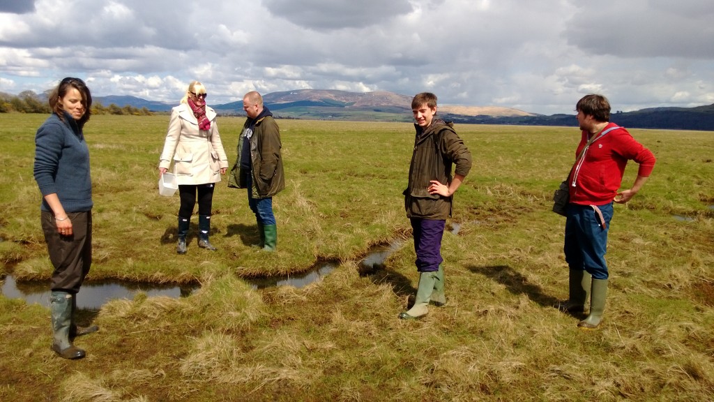 The team takes time out from picking to soak up the wide open space of Wigtown Bay merse (salt marsh)
