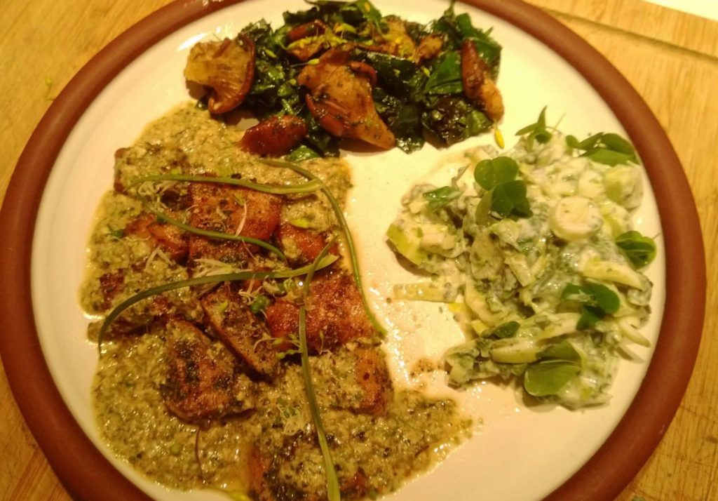 Wild spiced sea bass curry 'Rogan Jock'; Methi saag made with roach and fenugreek milkcaps; and a cooling raita made with reedmace hearts, scots lovage seeds, wood sorrel and watermint.